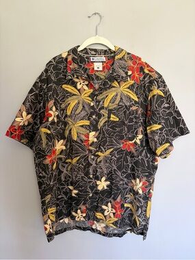 Columbia Linen Blend Shirt Men’s Size L Black Floral Hawaiian Tropical Button Up